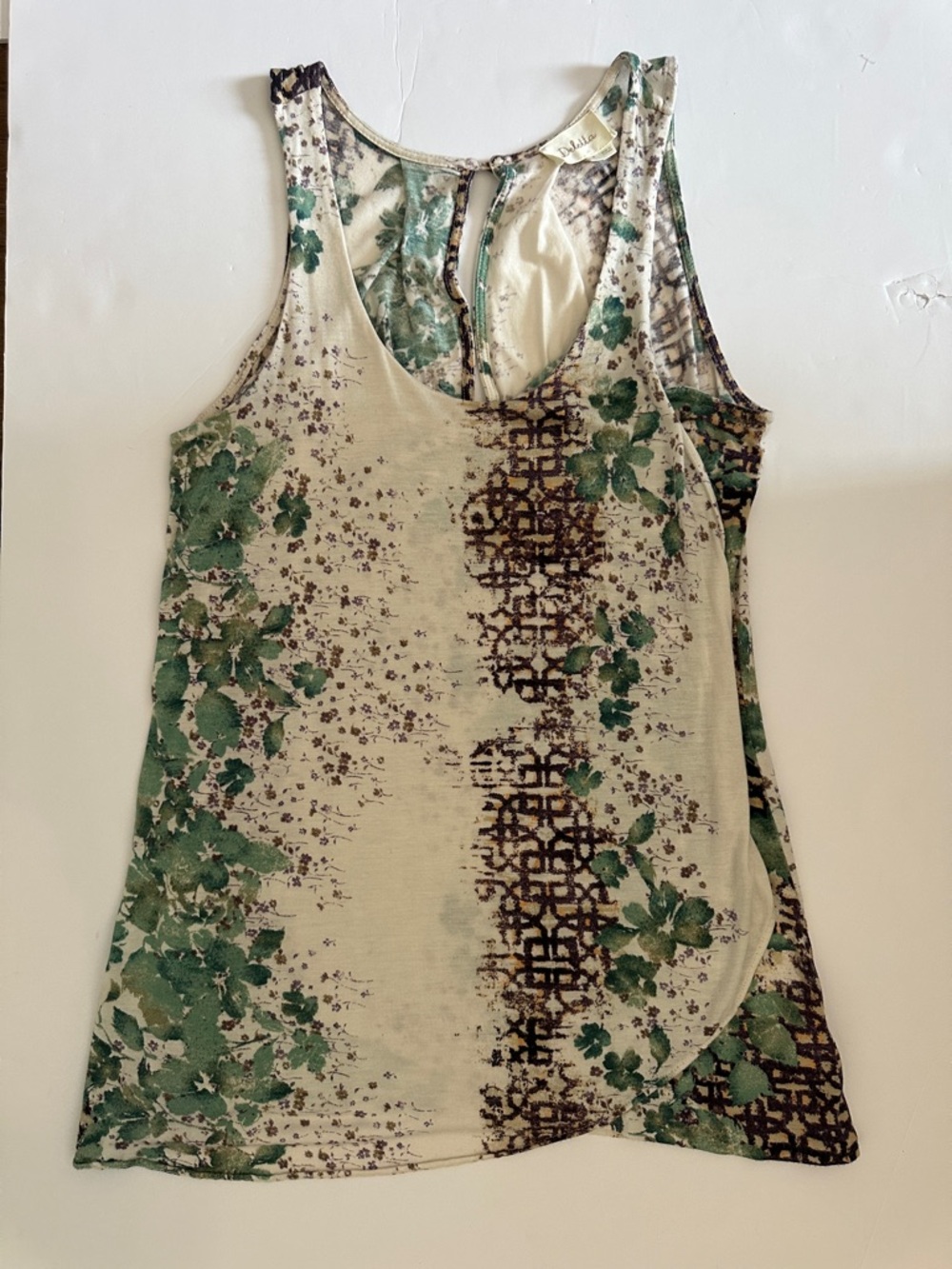 Anthropologie Deletta Floral Cream/green/purple Medium Tulip Hem Tank Top